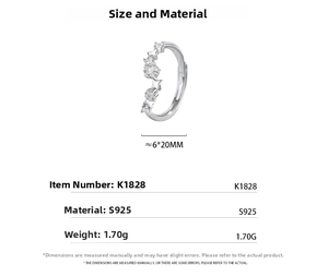 Detailed size and material chart for S925 sterling silver star ring including weight details