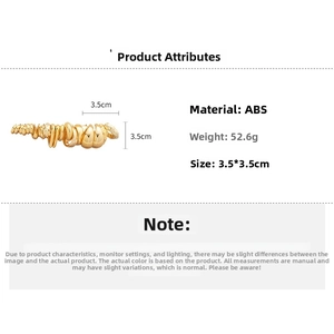 Detail showing 3.5x3.5cm gold-finished ABS earrings with specs and dimensions