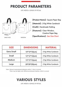 Size chart showing square gift bags dimensions with transparent window in four sizes