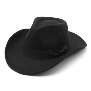 Classic black wool felt western cowboy hat with wide brim and decorative ribbon bow