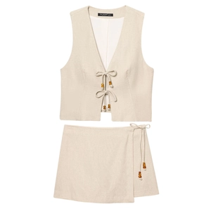 Tenues Gilet Style Lin Et Mini Jupe Portefeuille Femmes Col V À Lacets Perles En Bois Crop Top Sans Manches Été