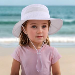 Detail of white kids sun hat with breathable mesh crown and adjustable chin strap cord