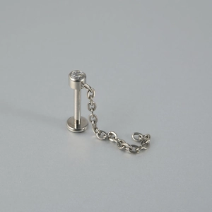 G23 titanium labret stud with zircon stone and fine silver chain attachment