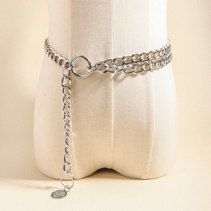 Silver double-layer metal chain belt with hollow circular buckle and smiley face pendant
