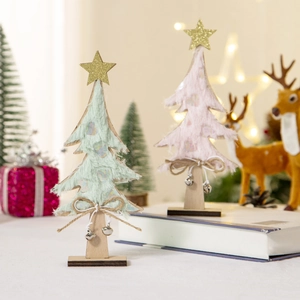 Miniature plush Christmas tree table ornaments with wooden base and golden star toppers