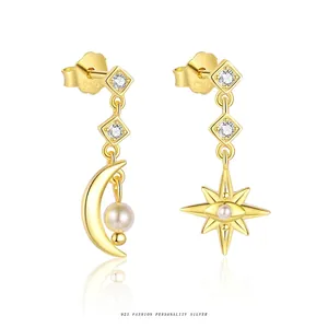 Elegant S925 silver gold star and moon tassel earrings with pearls and zircons