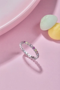 Macro shot of S925 sterling silver ring with colorful rainbow cubic zirconia inlay