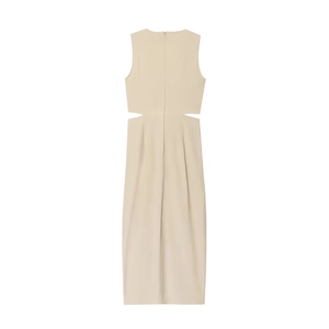 Beige sleeveless midi dress with back cutout design and elegant knot detail