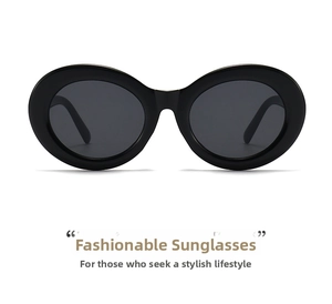 Detailansicht der Vintage-Sonnenbrille mit schwarzem Ovalrahmen und grauen Gläsern