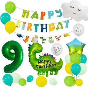 Detailed setup of green dinosaur themed birthday party kit with balloons and number nine