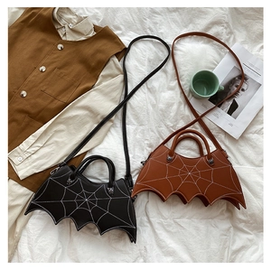 Gothic bat-shaped PU leather crossbody bags in black and brown with spider web embroidery