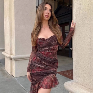 Robe moulante en tulle imprimé léopard et roses avec manches longues et fronces