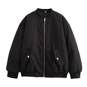 Veste Bombardier Pour Femmes Manches Froncées Fermeture Éclair Coupe Ample Streetwear Polyester Noir Blouson