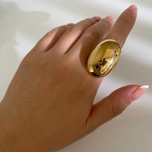 Women's trendy gold stainless steel large oval statement ring with metallic glossy finish