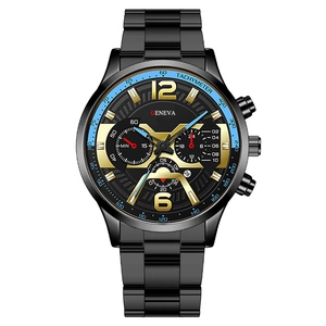 Montre à quartz pour hommes en acier inoxydable noir avec accents bleus et lunette tachymètre