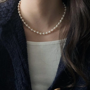 Detailed view of 925 sterling silver necklace with round white freshwater pearls