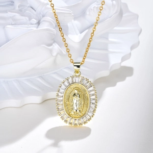 Religious golden Virgin Mary pendant necklace with baguette zircon crystals on steel chain