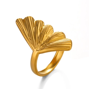 Minimalist golden ginkgo leaf open ring in stainless steel with detailed leaf texture