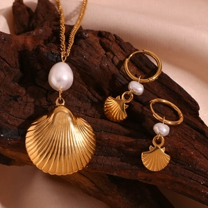 18K gold plated necklace and earrings set featuring shell charms and freshwater pearls