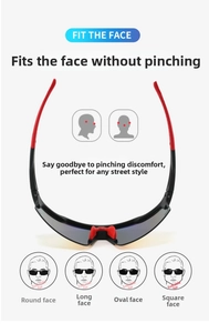 Detail of red and black sports sunglasses featuring ergonomic fit for all face shapes