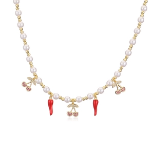 Elegant pearl and gold bead necklace featuring cute red chili and pink cherry pendants