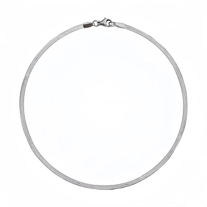 Minimalist silver snake chain necklace with flat metallic texture and lobster clasp on white