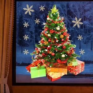 Christmas tree window sticker with colorful gift boxes and festive star topper decoration