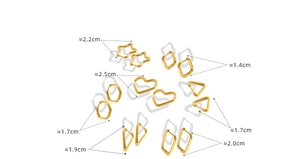 Detailed size guide for gold plated geometric earrings in heart star and hex shapes