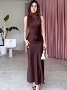 Elegant deep brown satin sleeveless maxi dress with a sophisticated high neckline