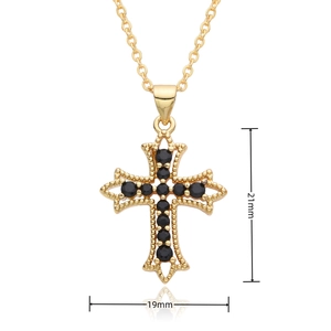 Detailed size view of a gold cross pendant measuring 21mm by 19mm with black stones