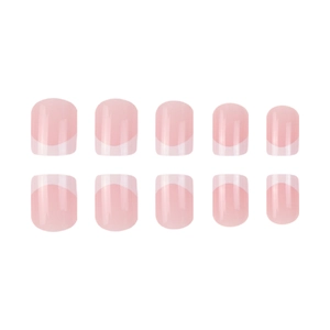 Classic French tip press-on nails in light pink with a short round shape design