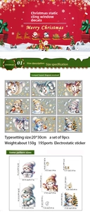 Size chart for 9-piece Christmas static window stickers featuring snowmen and trees