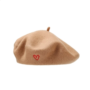 Classic khaki wool beret for women featuring a delicate red heart embroidery detail