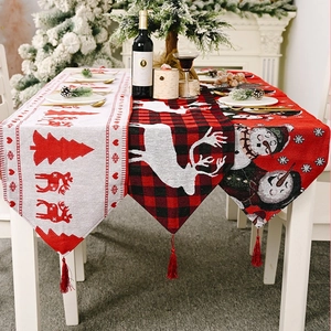 Christmas Table Runner Knitted Polyester Jacquard Snowman Reindeer Festive Holiday Decoration With Tassels For Dining Room