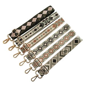Set of six bohemian jacquard woven shoulder straps with vintage geometric patterns and gold clips