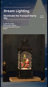 Detail of vintage Christmas lantern featuring a Santa scene with swirling snow effect