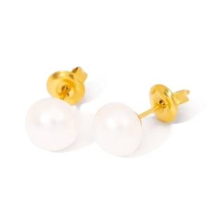 Elegant natural freshwater pearl stud earrings with a 14k gold-plated finish on white background