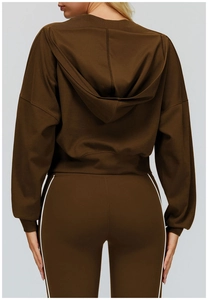 Rear view of loose chocolate brown hooded sweatshirt with comfortable high-weight fabric