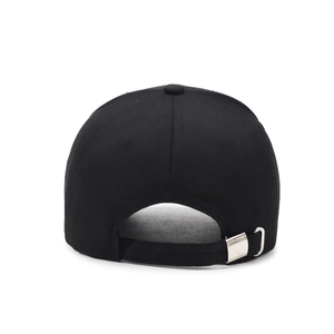 Rear view of black cotton baseball cap featuring adjustable silver metal buckle strap