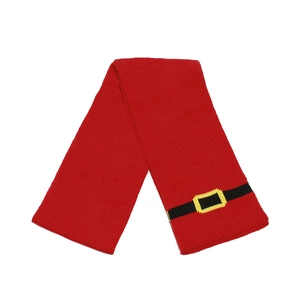 Close-up of red knit Christmas scarf with black belt stripe and yellow buckle detail