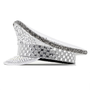 Silver sequin naval hat with hand-set rhinestones and pearls for stage performance