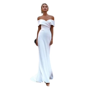 Elegant white off-shoulder mermaid bridal gown in premium satin with a minimalist V-neck design