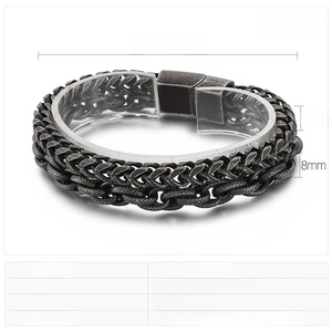Detail view of 8mm wide black punk steel bracelet with 220mm length and 65g weight specs