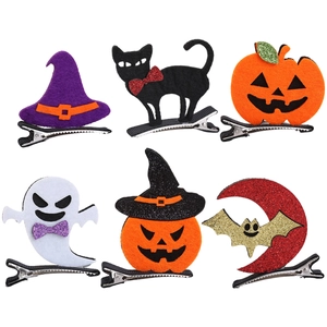 6-pack Halloween hair clips with glitter pumpkin, cat, and ghost designs for children