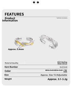 Detail view of S925 sterling silver wave ring with zircons and two-tone gold plating