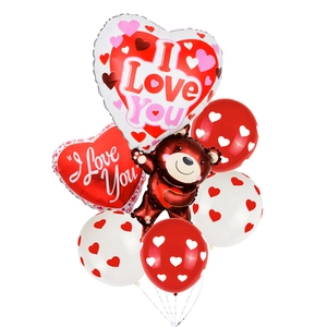 Valentine's Day balloon set featuring teddy bear and red heart foil balloons for proposals