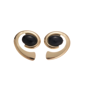 Vintage geometric spiral stud earrings in gold with black oval gemstone inlay