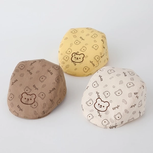 Infant cotton beret hats with bear prints and embroidery in brown, yellow, and beige