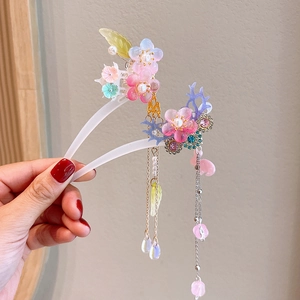 Elegant Chinese tassel hair stick with pink and blue flowers, pearls and butterfly details