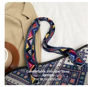 Detail of wide colorful geometric shoulder strap on woven ethnic tote bag with leather trim